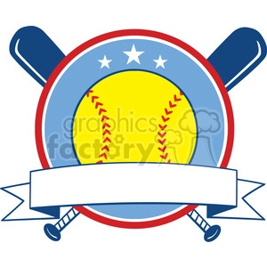 This clipart image features a baseball at the center with red stitching detail, overlaid on a blue circle with white stars at the top edge. In the background, there are two crossed baseball bats, and below the central elements there is an unfurled blank white banner with a pointy end, suitable for adding text. The entire image is designed to resemble a badge or emblem.