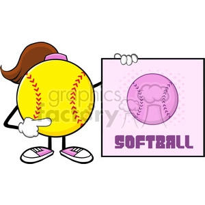 softball girl faceless cartoon mascot character pointing to a sign with text softball vector illustration isolated on white background