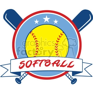 This clipart image features:
- A yellow softball with red stitching in the center
- Two crossed softball bats behind the ball
- A circular emblem with a blue outer ring and white stars
- A red, white, and blue color scheme
- A ribbon banner across the front with the word SOFTBALL in red lettering
