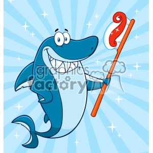 The image depicts a cartoon shark standing upright with a large, friendly smile, revealing its white teeth. The shark has big, googly eyes and is holding a toothbrush with toothpaste applied to it. The shark character is set against a blue background with radiating stripes and twinkling stars, giving it a whimsical and vibrant feel. It seems to be designed to appeal to children, possibly for educational purposes such as teaching the importance of brushing teeth.