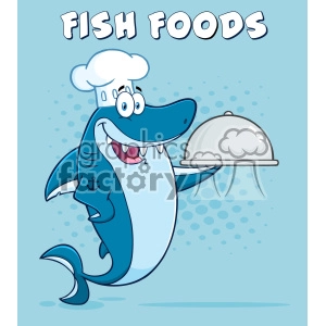 The image is a playful clipart illustration featuring an anthropomorphic shark character. The shark is depicted in a standing position, with a big, friendly smile, wearing a chef's hat and holding a silver cloche or food cover, likely presenting a meal. The background is a simple blue with lighter blue bubbles, and atop the illustration, FISH FOODS is written in a whimsical font that complements the fun theme. The overall image portrays the shark as a funny mascot for a seafood restaurant or a related concept.