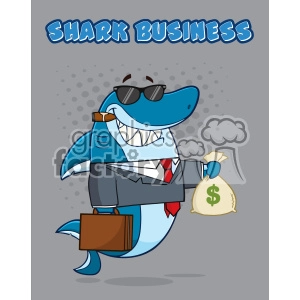 This image features a cartoon shark character dressed in a business suit, complete with a white shirt and red tie, exuding a confident and professional vibe. The shark is wearing sunglasses and carrying a brown briefcase in one of its fins, symbolizing a typical businessperson. In its other fin, the shark is holding a bag of money, suggesting success in business dealings. The background is a simple grey with a dotted pattern, and the words SHARK BUSINESS are prominently displayed at the top in bold blue letters, reinforcing the idea of a shrewd and successful business entity often associated with the term 'shark' in business contexts.