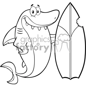 This image features a cartoon-style illustration of a shark standing and leaning on a surfboard. The shark character is depicted with a friendly and funny expression, featuring a broad smile with teeth showing, large, rounded eyes, and a slightly tilted head giving it a humorous and approachable look. The surfboard is drawn in a simple style next to the shark, suggesting that the shark may be portrayed as a surfer.
