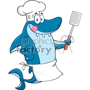 This clipart image depicts a cartoon shark wearing a chef's hat and an apron, holding a spatula. The shark has a friendly and humorous appearance, highlighted by its big eyes and a big, open smile revealing one tooth. There's also a small anchor tattoo on its arm, adding to its character's sea-related theme.
