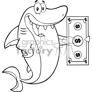 The image is a black and white clipart of a smiling cartoon shark character. The shark appears friendly and is holding a dollar bill.