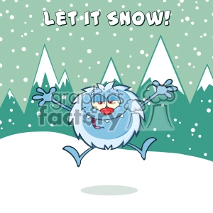 Happy Little Yeti Cartoon Mascot Character Jumping Up With Open Arms Vector With Snow Montains Background With Text Let It Snow
