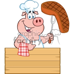The image displays a cartoon-style pig chef. The pig is pink with a cheerful expression, wearing a white chef's hat and a blue tank top with a red and white checkered neckerchief. It is holding a large brown grilled steak on a fork in one hand. The chef pig is also standing behind a wooden blank sign board, which can be used for adding custom text or messages. The sign board has a prominent display, taking up the lower part of the image.