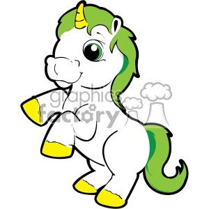 The image depicts a cartoon representation of a mythical unicorn. It features a white horse-like creature with a green and yellow mane and tail, a yellow horn, and yellow hooves. The unicorn is shown with a happy expression, adding to the whimsical and fantasy-like nature of the image.