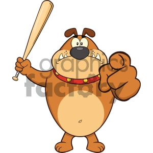 The clipart image depicts a cartoon bulldog with an angry or hostile expression, holding a baseball bat in one hand and pointing with the other hand, as if issuing a threat or warning. The dog is wearing a red collar with yellow accents.