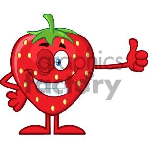 Royalty Free RF Clipart Illustration Winking Strawberry Fruit Cartoon Mascot Character Giving A Thumb Up Vector Illustration Isolated On White Background