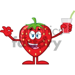 Royalty Free RF Clipart Illustration Happy Strawberry Fruit Cartoon Mascot Character Presenting And Holding Up A Glass Of Juice Vector Illustration Isolated On White Background