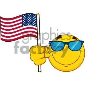 Royalty Free RF Clipart Illustration Smiling Yellow Cartoon Emoji Face Character With Sunglasses Waving An American Flag Vector Illustration Isolated On White Background