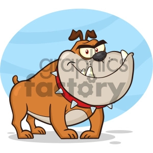 The image is a cartoon illustration of a brown bulldog with exaggerated features. It's wearing a spiked red collar and has a broad smiling expression. The dog's stance is low to the ground, with its ears perked up and one eye squinted, possibly indicating a playful or mischievous attitude.