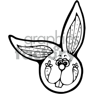 The clipart image shows a stylized representation of a rabbit's head. Key features include long ears with decorative inner markings, a cute facial expression with large eyes and eyeglasses, and the rabbit is holding two carrots. This image appears to have an Easter theme.