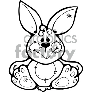 This is a black and white clipart image of a cartoon bunny rabbit. The bunny is facing forward with prominent features like large ears, big eyes with teardrop shapes, a cute nose, whiskers, and large feet with paw pads.
