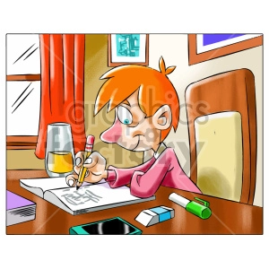 The image shows a cartoon child, likely a boy, who appears to be working on homework. He is sitting at a desk with a notebook in front of him and is writing with a pencil. To the left, we see a part of a window with a red curtain, through which daylight is coming. A lamp and a mug are also visible on the desk. To the right, we see part of a wooden chair and there is also a photo frame hanging on the wall. On the desk, there's a tablet computer, an eraser, and a green highlighter.