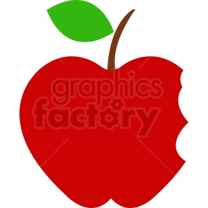 The clipart image shows a red cartoon apple with a bite taken out of it.It has its stalk still attached and one leaf
