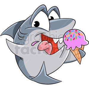 This clipart image features a cartoon depiction of a cheerful grey baby shark with its mouth open wide, licking its lips while holding a cone of pink ice cream topped with colorful sprinkles.
