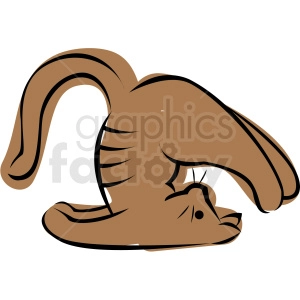 This is a clipart image of a cat in a yoga pose. The cat appears to be doing a stretching exercise that resembles a yoga position, with its back arched and head tilted downwards.