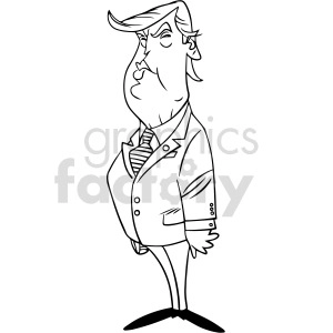 The image is a black and white clipart caricature of Donald Trump . It features a stylized representation of a man with exaggerated facial features, including a prominent hairstyle, furrowed eyebrows, and a suit with a tie.
