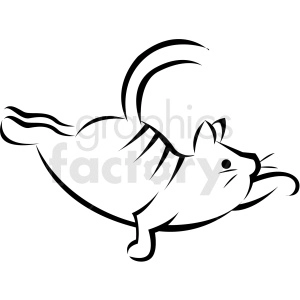 The image is a black and white line art illustration of a cat captured in a playful or yoga-like stretch position. The cat's back is arched, its rear is up, and it has one of its paws extended forward, which is a common pose that might remind one of yoga stretches.