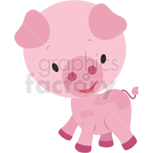 The clipart image features a stylized, cartoon depiction of a smiling pink pig. The pig has large round eyes, a happy expression, and is standing on all fours. Its ears are pointed upwards, and it has a small curly tail.