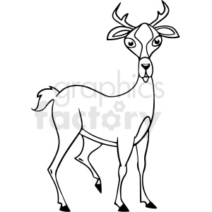 This clipart image features a line art illustration of a deer. The deer appears to be standing, facing towards the viewer, with its head slightly turned. It has prominent antlers, eyes, ears, nose, and a visible tail. The image is rendered in black and white and is stylized in a manner typical for clipart, with clear outlines and minimal detail, prioritizing simplicity and representational clarity.