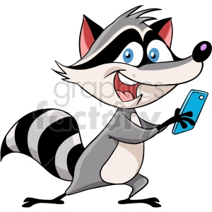 The image depicts a cartoon raccoon standing upright, holding a cellphone in its paw, and appearing to take a selfie. The raccoon has the characteristic black mask-like markings around its eyes, pointy ears with black tips, and a striped tail. It exhibits a wide, cheerful smile and seems to be winking.