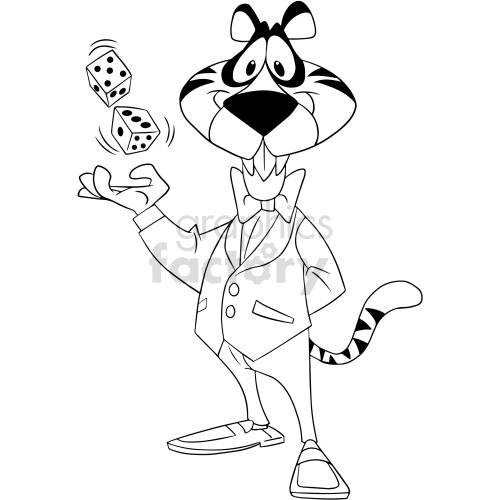 The clipart image depicts an anthropomorphic tiger dressed in a formal attire consisting of a suit and bow tie. The tiger is standing upright on two legs, similar to a human, and is flipping a pair of dice in one hand. The character has a playful expression on its face, suggesting it is engaged in a game or gambling activity, which is a common element associated with casinos.