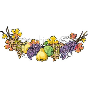 The clipart image features several autumnal elements commonly associated with Thanksgiving and fall harvest themes. It includes clusters of grapes in varying shades of purple and green, suggesting different varieties. There are also gourds illustrated in hues of yellow and green, indicative of squash or pumpkins. Additionally, the arrangement is adorned with colorful fall leaves in shades of yellow, orange, and red, all set against a white background. The leaves have a distinctive shape that could be reminiscent of maple or oak.