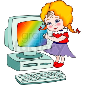 In the clipart image, there is a cartoon of a young girl with orange hair fashioned in pigtails, standing next to an old style CRT computer monitor which is displaying bright colors. She is wearing a red shirt with a white collar, a purple skirt, and red shoes. The girl appears to be hugging or leaning affectionately against the monitor. In front of the monitor is a keyboard, and below it is the computer's base unit.