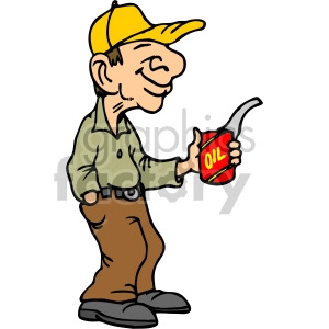 The image depicts a cartoon of a man, likely representing a truck driver or mechanic, holding an oil can. He is smiling and wearing a yellow cap, a green shirt, brown pants, and black shoes. The oil can is red with the word OIL written in bold, suggesting he might be ready to perform maintenance work, such as lubricating engine parts.