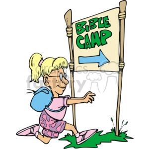 The clipart image shows a cartoon of a young girl with a ponytail, glasses, freckles, and wearing a pink outfit with a blue backpack. She is kneeling and pointing to a large sign that reads BIBLE CAMP with an arrow indicating a direction. The illustration is colorful and depicts a scene related to religious activities for youth, specifically a Christian Bible camp.