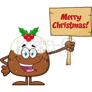 royalty free rf clipart illustration happy christmas pudding cartoon character holding up a blank wood sign with text vector illustration isolated on white