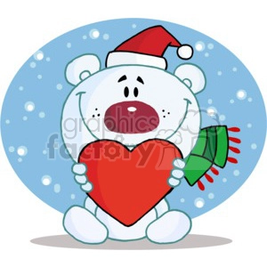 A white bear in a santa hat and scarf hold a red heart