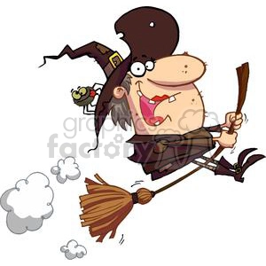 witch riding her broom with a spider in her hat 