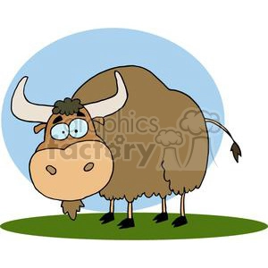 The image is a cartoon-style clipart of a brown cow standing on a patch of green grass. The cow has large, expressive blue eyes, prominent white horns, and a funny tuft of hair on its head. This cow portrays a humorous and friendly character typically found in children's books or as part of educational materials.