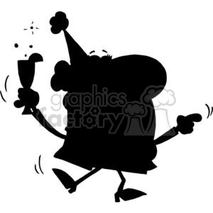This image is a black and white silhouette clipart featuring a celebratory character wearing a party hat and holding up a glass, presumably of champagne. The character appears to be toasting or celebrating, indicated by the motion lines and the bubbles coming from the glass, suggesting a lively and festive atmosphere. The character's posture and facial expression suggest a humorous or joyful mood.