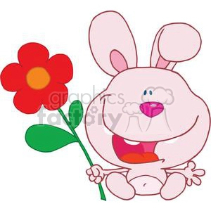This clipart image depicts a cheerful pink bunny cartoon character holding a large, vibrant red flower with a yellow center and green stem and leaves. The character has prominent round ears, wide eyes, and an open-mouthed smile, giving it a funny and joyful expression.