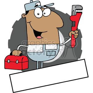 The clipart image depicts a cartoon character styled as a plumber. The character has a brown complexion and is wearing a white shirt, blue pants with a tool belt, and a grey cap with a propeller on top. The plumber is holding a red pipe wrench in one hand and carrying a red toolbox in the other. The character is standing in front of a grey circle backdrop and there is a white, blank space for text below the character.
Cartoon Plumber Clipart with Text Space – Handyman Illustration