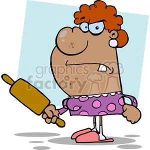 This clipart image features a cartoon of a woman with red hair, looking angry or upset. She is holding a rolling pin in one hand, which is usually associated with someone being enraged or ready to scold someone. Her expression is exaggerated with one raised eyebrow and one eye larger than the other, common in humorous illustrations to convey annoyance or anger. She is standing in a defiant pose, wearing a pink dress with purple polka dots and slippers.