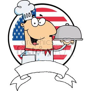 Male Chef Serving Food In A Sliver Covered Platter In Front Of Flag Of USA