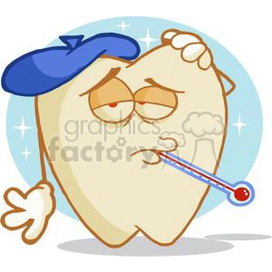 The clipart image features a cartoonish, anthropomorphized tooth character that looks unwell or in discomfort. The tooth has a pained expression, droopy eyelids, and flushed cheeks suggesting it is sick. It's also wearing an ice pack on its head and holding a thermometer in its mouth, which has a high temperature reading. The background has sparkling stars to emphasize that the tooth is in a daze or feeling dizzy, often associated with being sick or in pain.