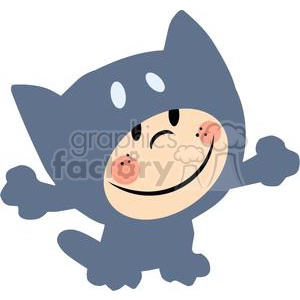The image is a playful depiction of a character dressed in a comical cat costume. The character is smiling broadly, with rosy cheeks and closed eyes. It has two pointy ears and a tail, resembling a cat's key features. The costume is primarily blue with lighter blue accents representing spots.