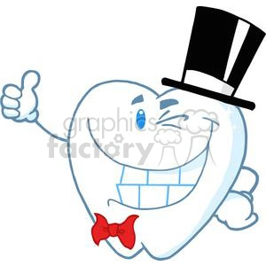 The clipart image depicts a stylized, anthropomorphic tooth character. It has human-like features including a winking eye, a smiling mouth with visible teeth, a thumb up gesture, and it's adorned with a top hat and a red bow tie. The tooth is depicted in a fun, cartoonish style making it relevant to a dental or oral hygiene context.