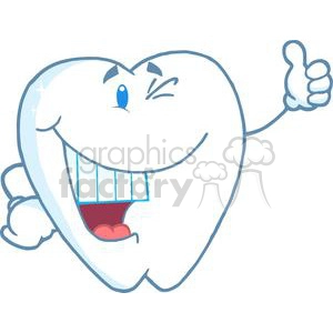 The image displays a stylized cartoon of a happy, anthropomorphic tooth. The tooth has a large, friendly smile, showing white, squared teeth. It has one sparkling blue eye winking, and the other is closed in a cheerful expression. The tooth is also giving a thumbs-up with one of its hands, suggesting approval or a job well done, possibly relating to dental hygiene. 