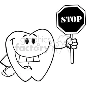 The clipart image features a cartoonish character in the shape of a tooth. The tooth has a friendly face with eyes and a smiling mouth, showcasing a few square-shaped teeth. It is holding a STOP sign with its hand.