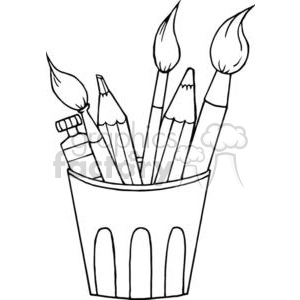 This is a black and white clipart image depicting a collection of art supplies held in a container. The art supplies include several pencils, a tube of paint, and paintbrushes with exaggerated, pointed brush ends that resemble flames.