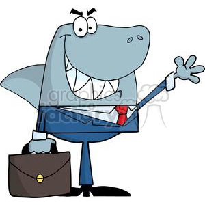 This clipart image depicts a cartoonish shark dressed in a business suit, complete with a tie and a briefcase in one hand. The shark is striking a welcoming or presenting gesture with the other hand, and it has a big, toothy grin on its face.