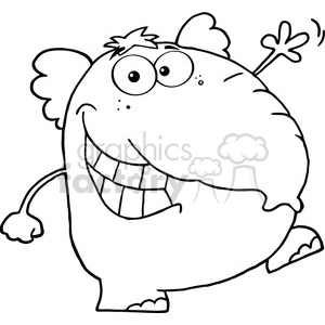 This clipart image features a comical and happy elephant that appears to be dancing. The elephant has an exaggerated smile, wide eyes, and its trunk and tail are positioned to suggest movement and rhythm. It's a simplistic black and white line drawing, typically used for humor in children's books, educational materials, or for decorative purposes.